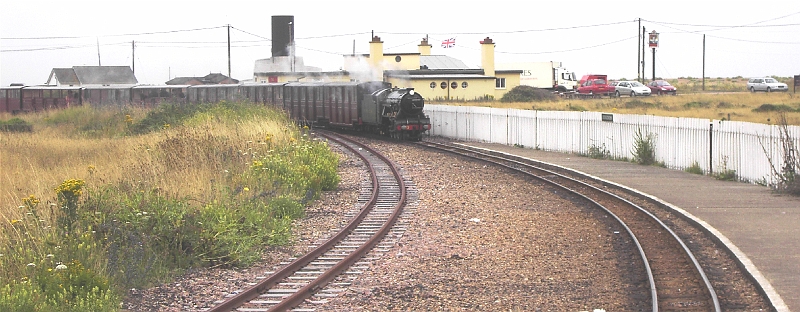 PICT0261 Romney, Hythe and Dymchurch railway.JPG - Train Arriving Dungeness Railway Station